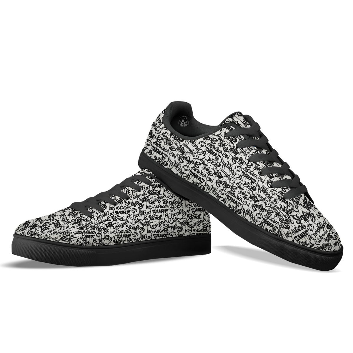 Graffiti White And Black Print Pattern Black Low Top Sneakers-grizzshop