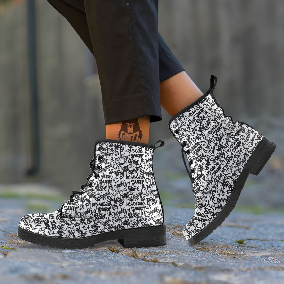 Graffiti White And Black Print Pattern Leather Boots-grizzshop