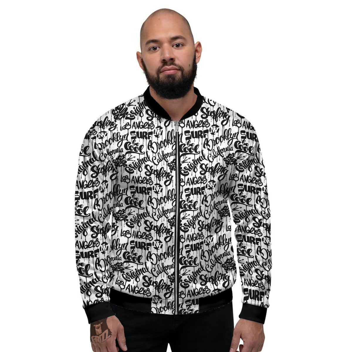 Graffiti White And Black Print Pattern Men's Bomber Jacket-grizzshop