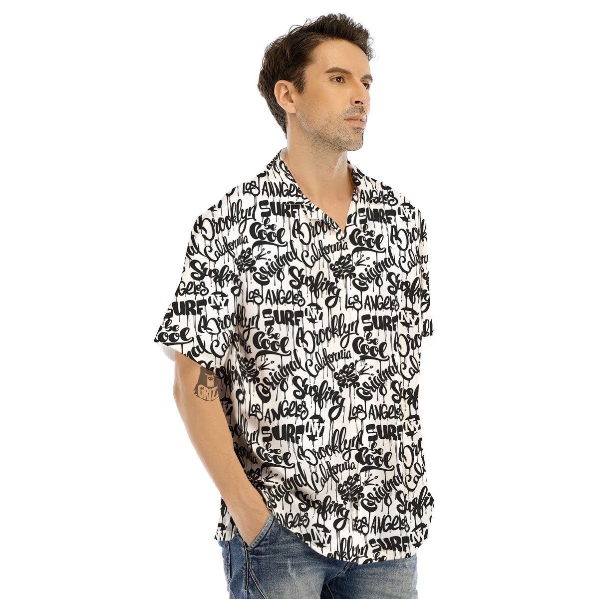 Graffiti White And Black Print Pattern Men's Hawaiian Shirt-grizzshop
