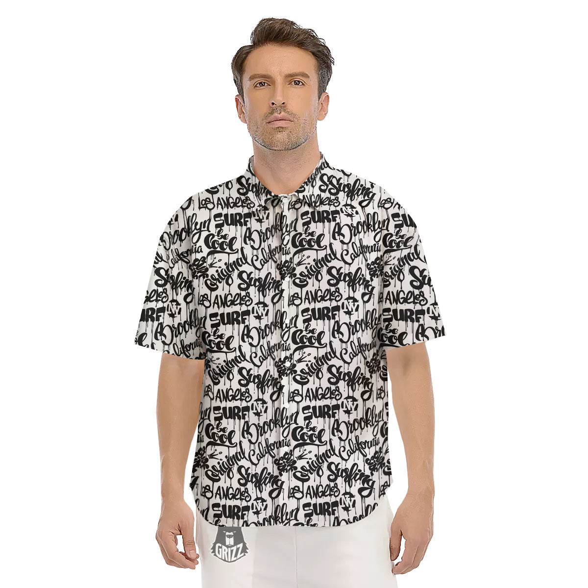Graffiti White And Black Print Pattern Men's Short Sleeve Shirts-grizzshop