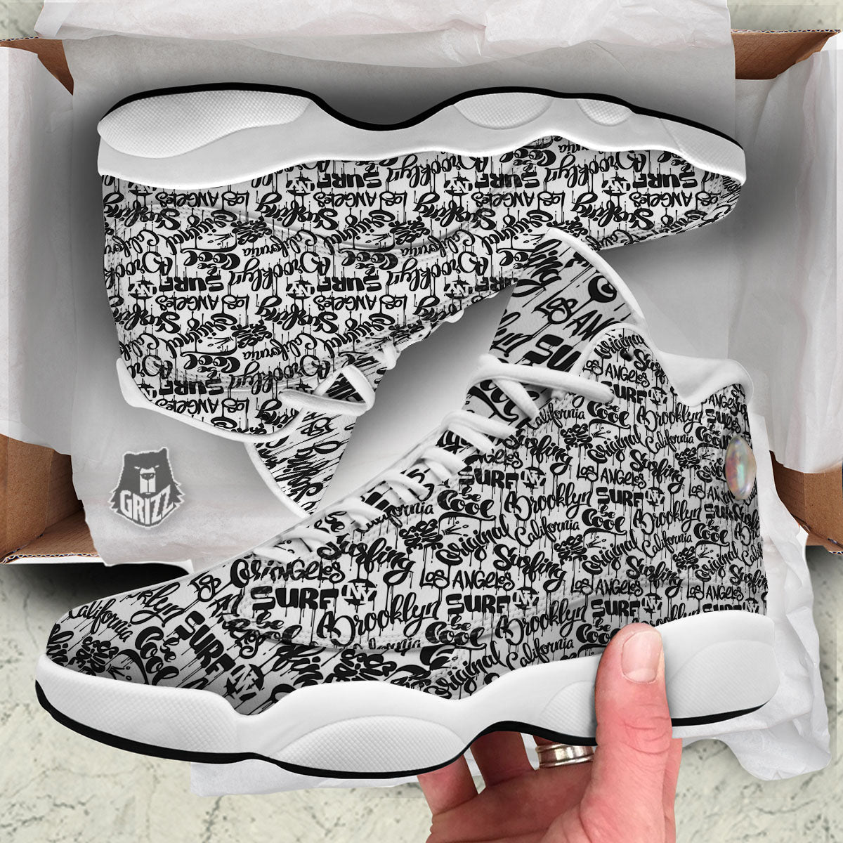 Graffiti White And Black Print Pattern White Basketball Shoes-grizzshop