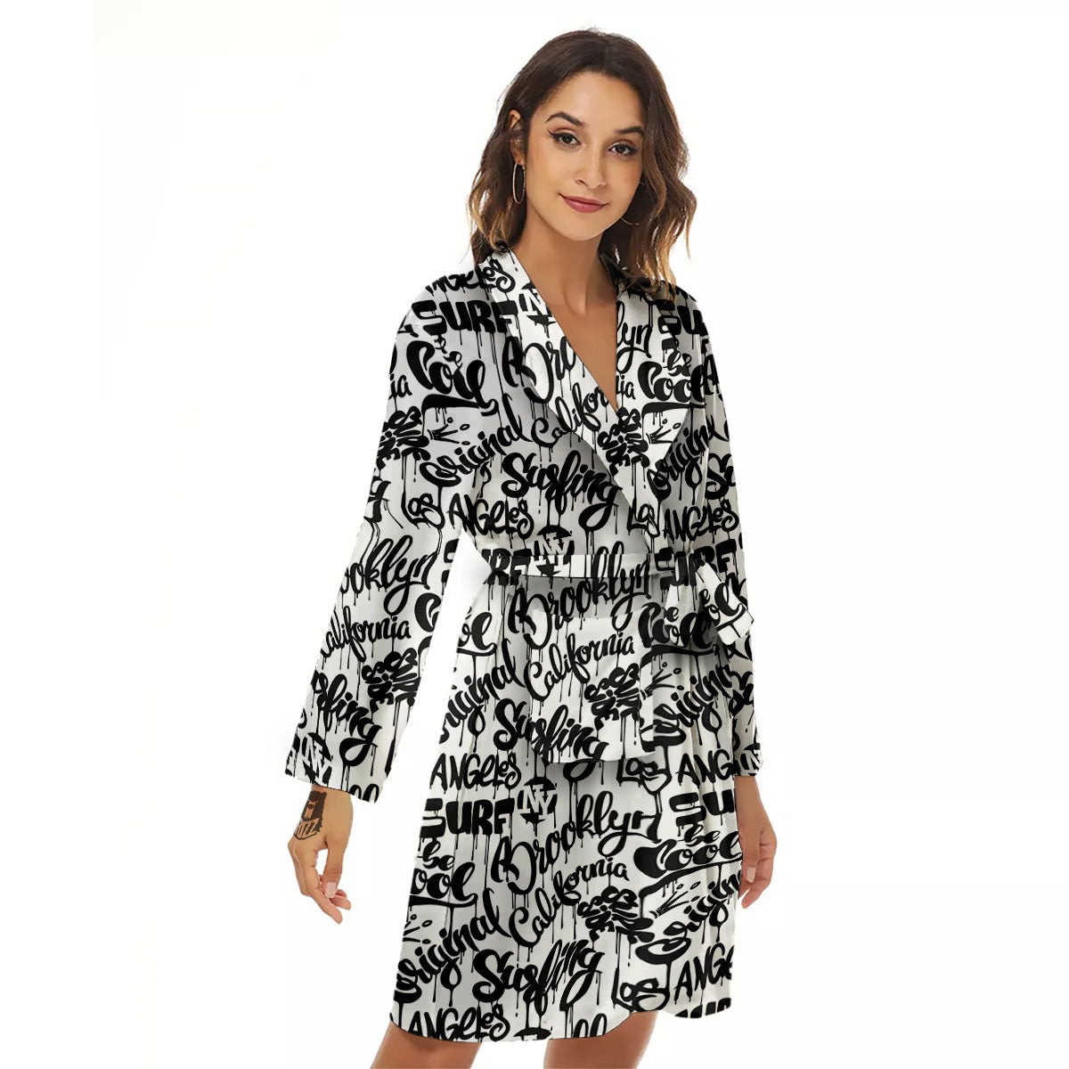 Graffiti White And Black Print Pattern Women's Robe-grizzshop
