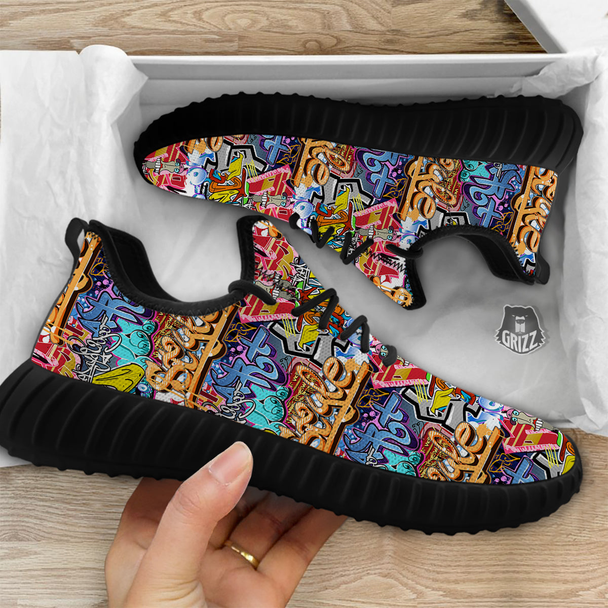 Graffity Street Art Print Pattern Black Walking Shoes-grizzshop