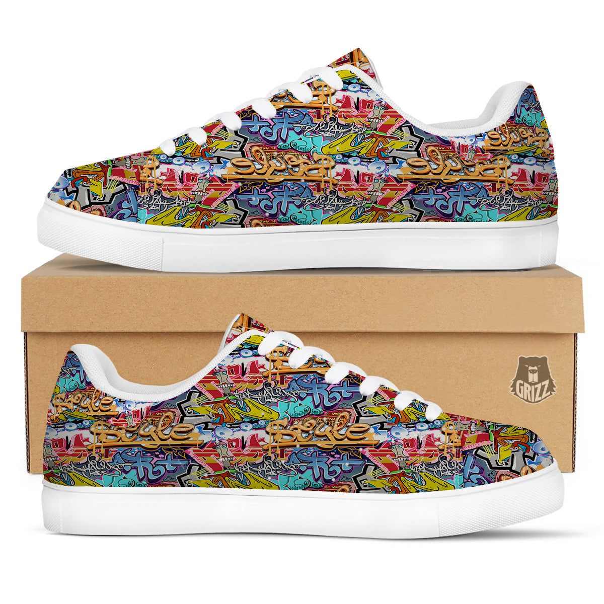 Graffity Street Art Print Pattern White Low Top Sneakers-grizzshop