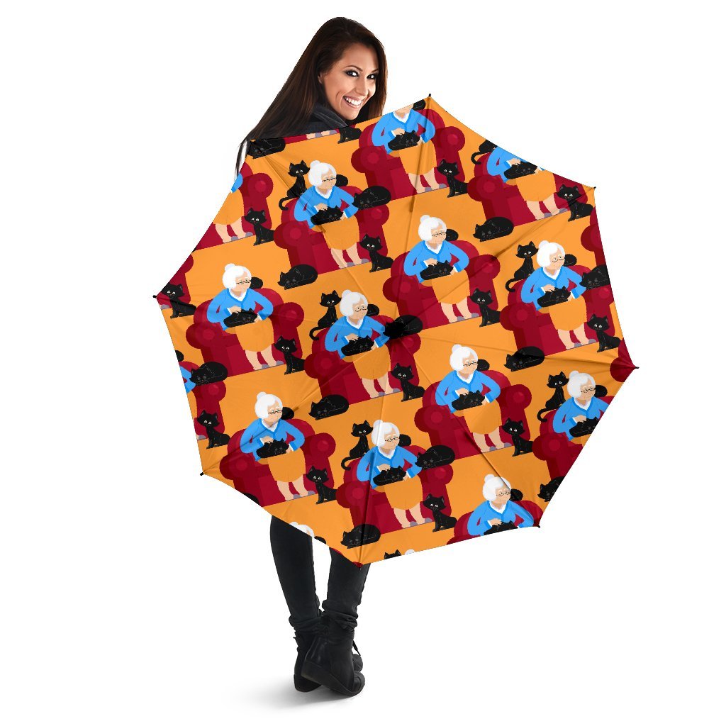 Grandma Nana Cat Pattern Print Automatic Foldable Umbrella-grizzshop