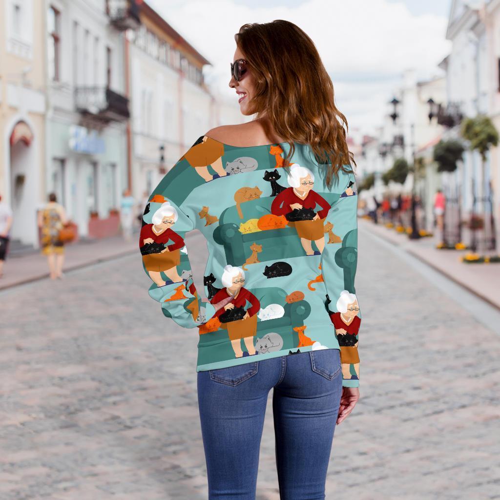Grandma Nana Pattern Print Women Off Shoulder Sweatshirt-grizzshop