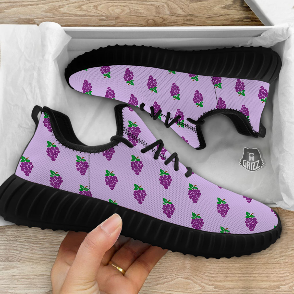 Grape Purple Print Pattern Black Walking Shoes-grizzshop