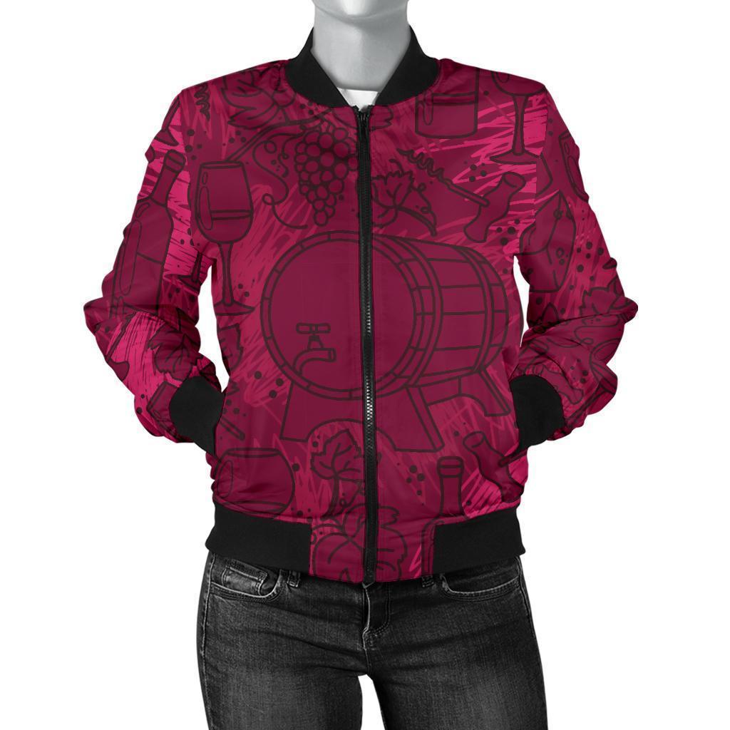 Grape Red Wine Pattern Print Women Casual Bomber Jacket-grizzshop