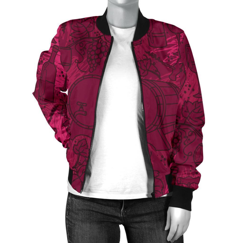 Grape Red Wine Pattern Print Women Casual Bomber Jacket-grizzshop