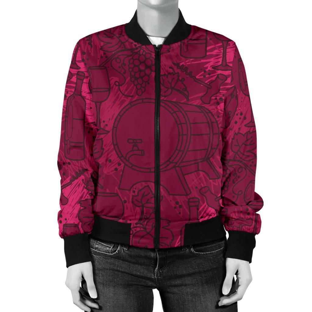 Grape Red Wine Pattern Print Women Casual Bomber Jacket-grizzshop
