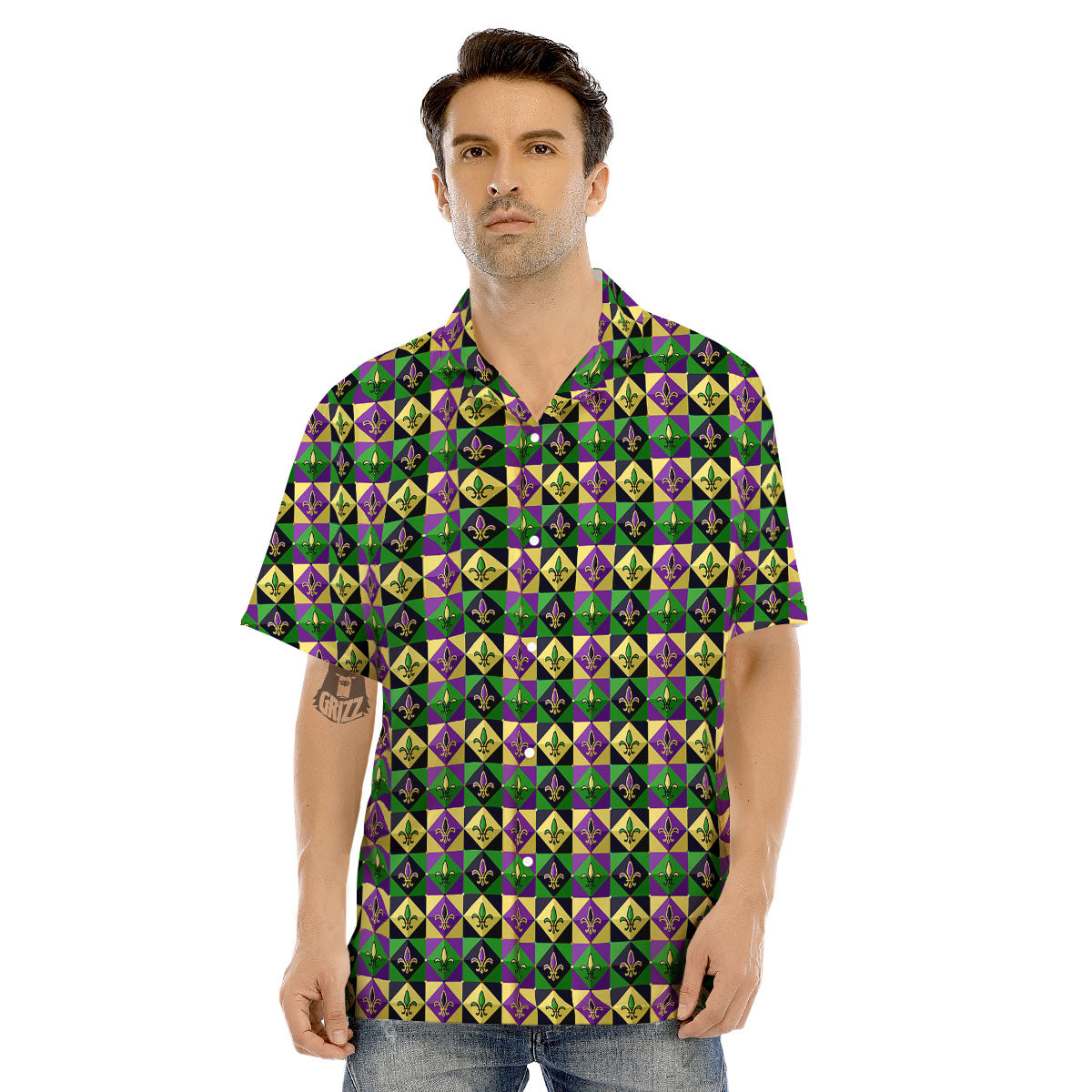 Gras Geometric Mardi Print Pattern Men's Hawaiian Shirt-grizzshop