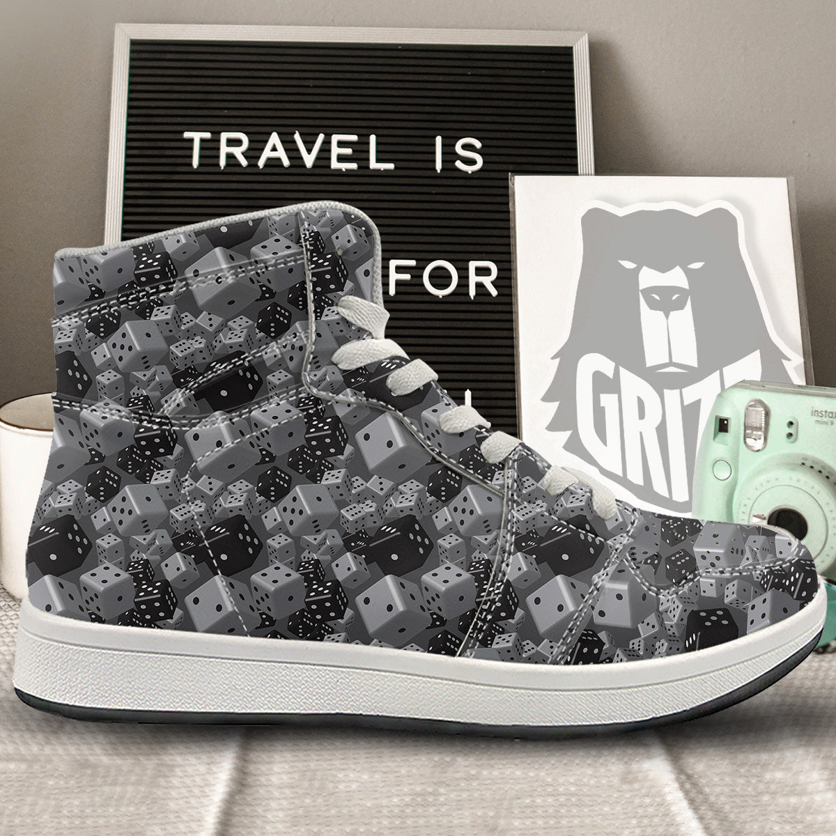 Gray Black 3D Dice Print Pattern High Top Sneakers-grizzshop