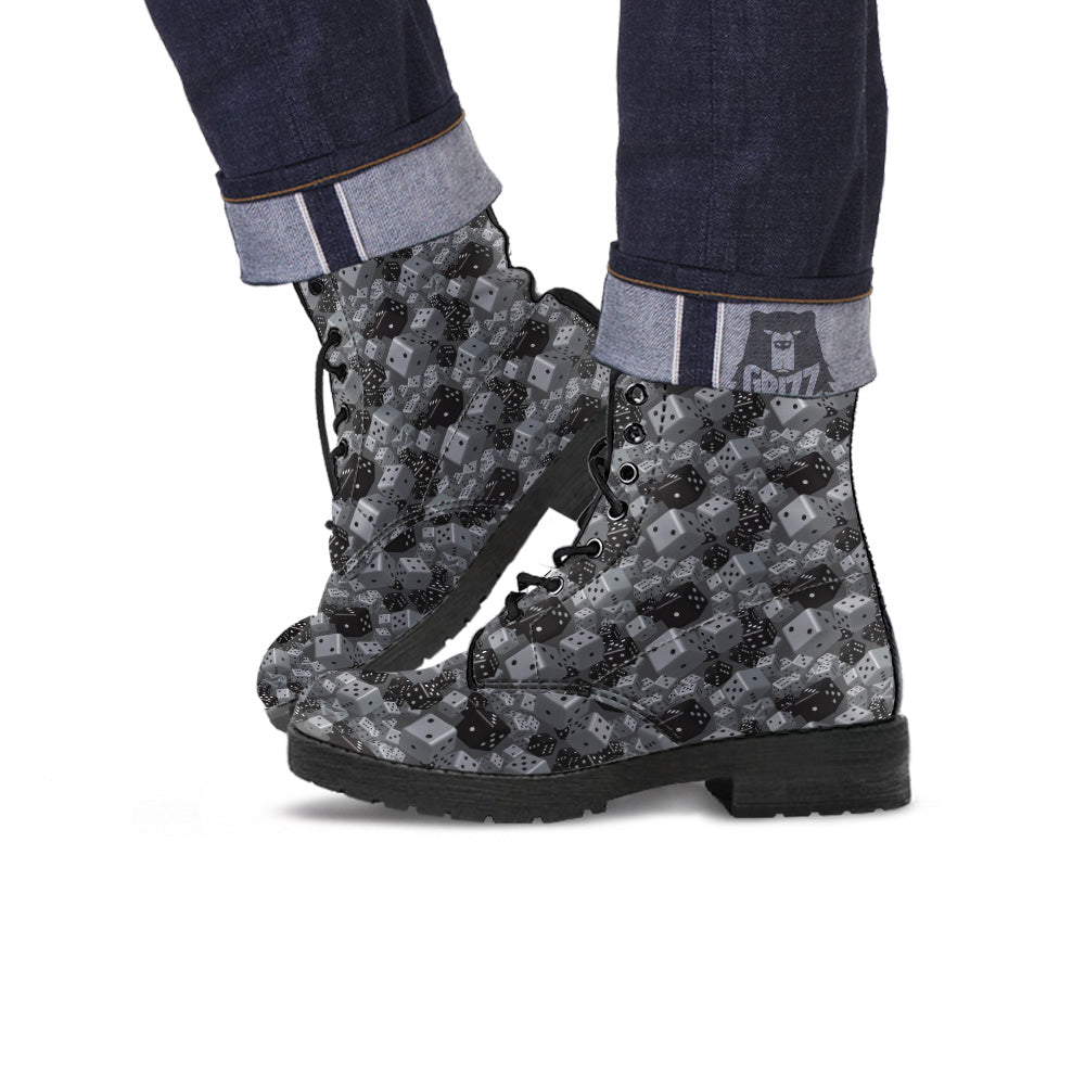 Gray Black 3D Dice Print Pattern Leather Boots-grizzshop