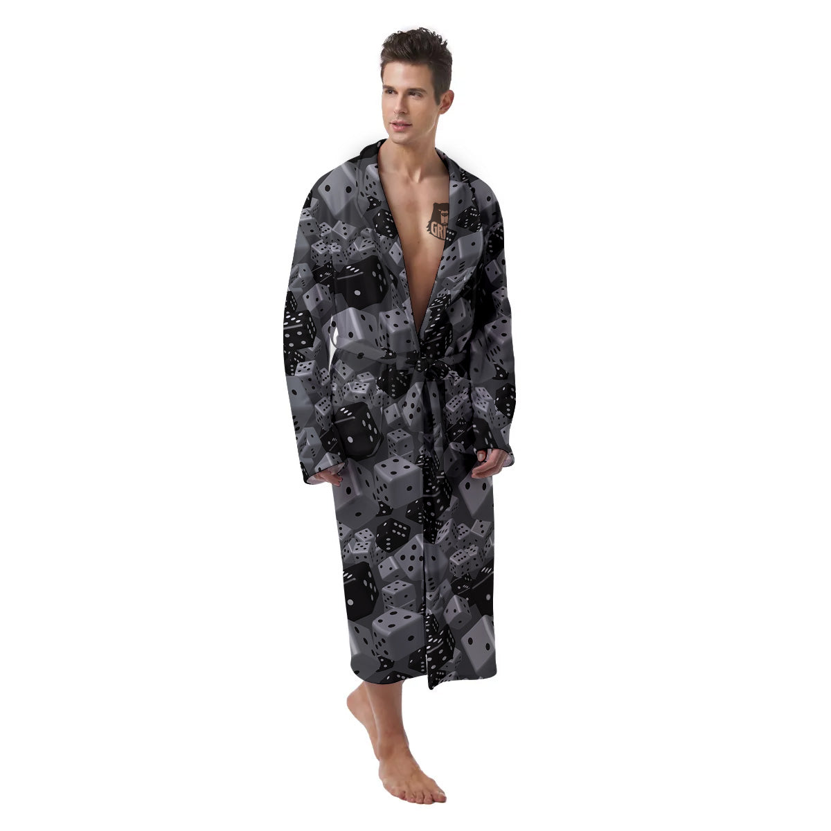 Gray Black 3D Dice Print Pattern Men's Robe-grizzshop