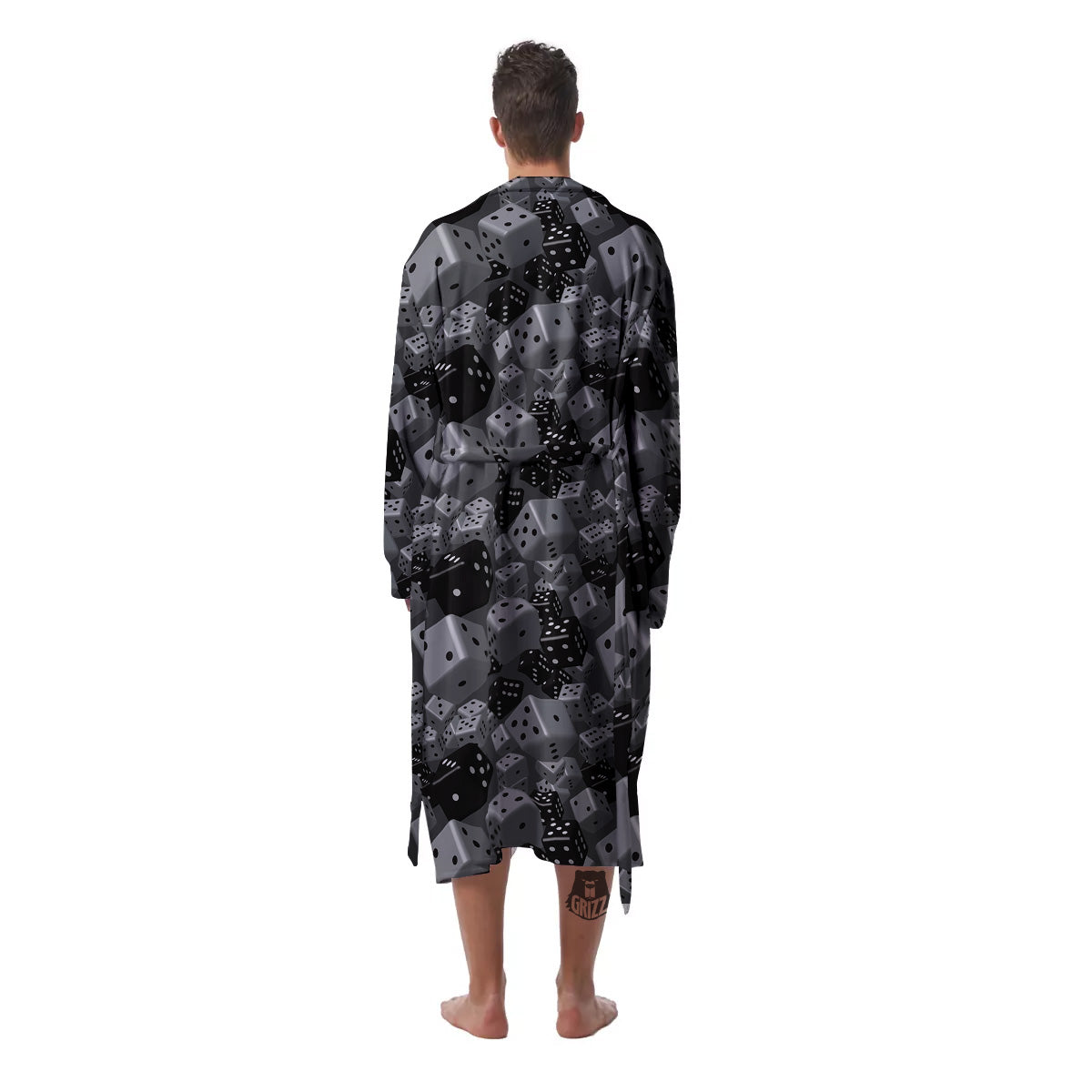 Gray Black 3D Dice Print Pattern Men's Robe-grizzshop