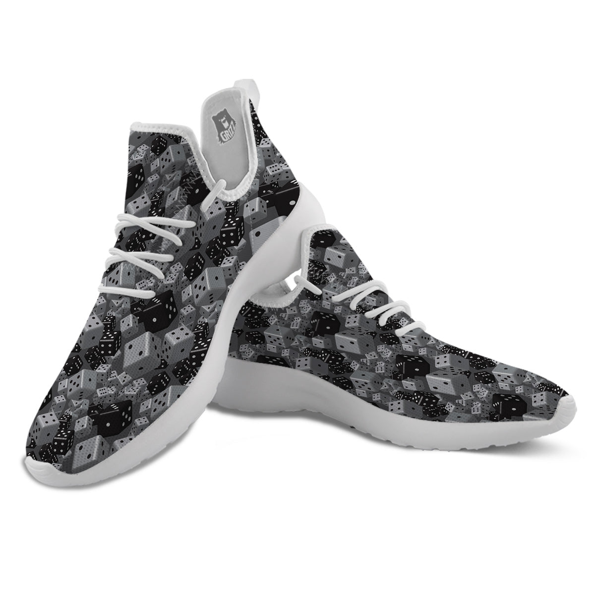 Gray Black 3D Dice Print Pattern White Athletic Shoes-grizzshop
