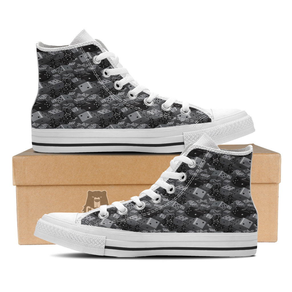 Gray Black 3D Dice Print Pattern White High Top Shoes-grizzshop