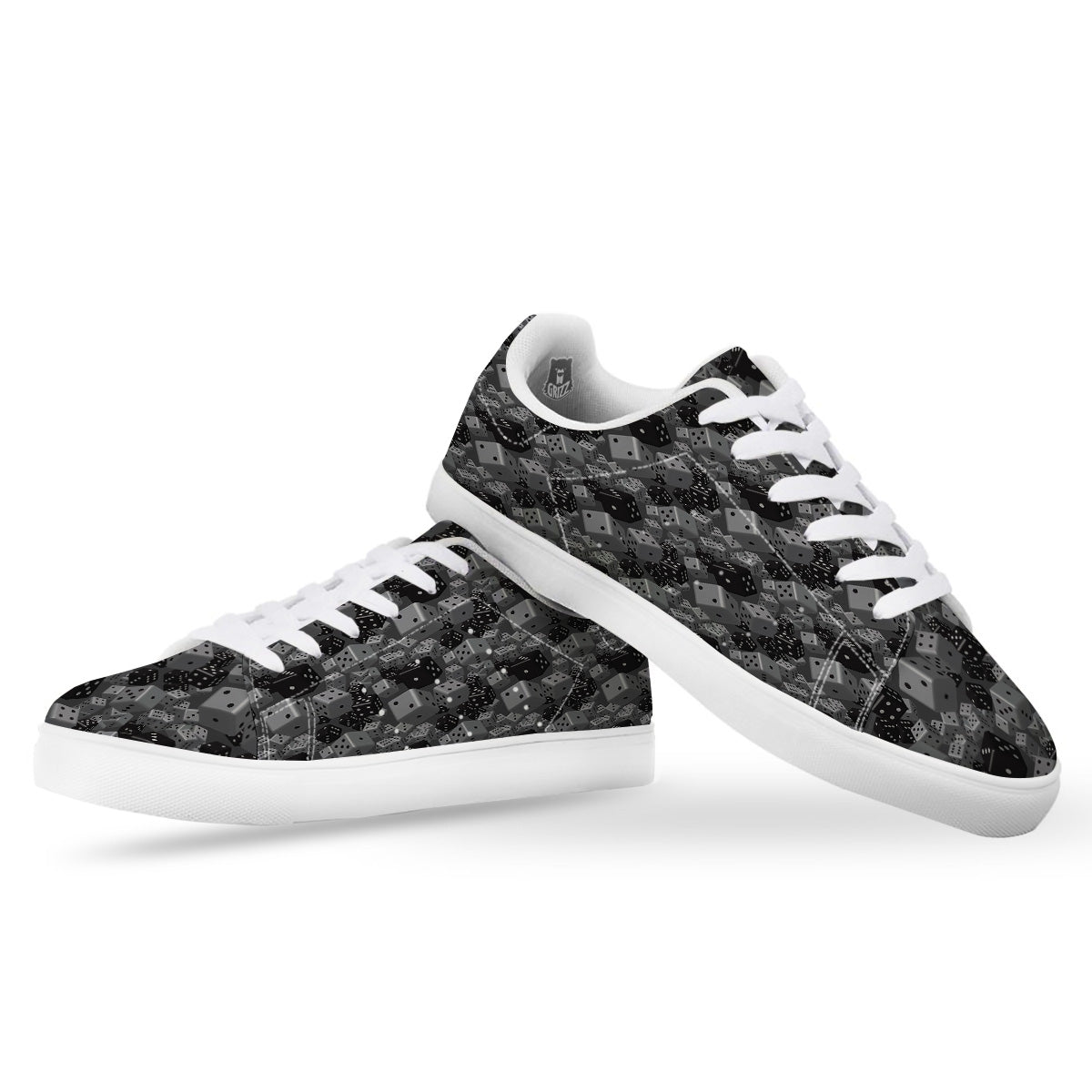 Gray Black 3D Dice Print Pattern White Low Top Sneakers-grizzshop