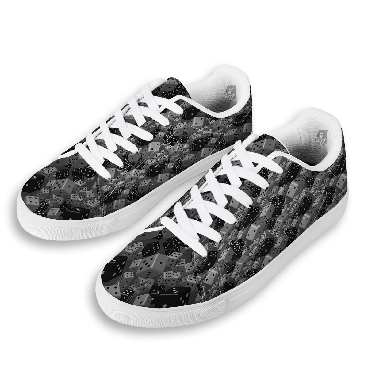 Gray Black 3D Dice Print Pattern White Low Top Sneakers-grizzshop