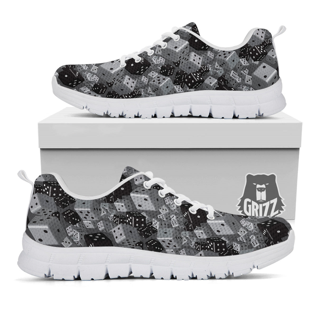 Gray Black 3D Dice Print Pattern White Sneaker-grizzshop