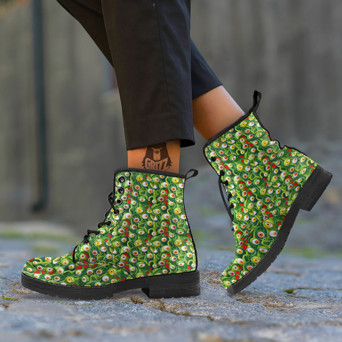 Green Alien Monster Print Pattern Leather Boots-grizzshop