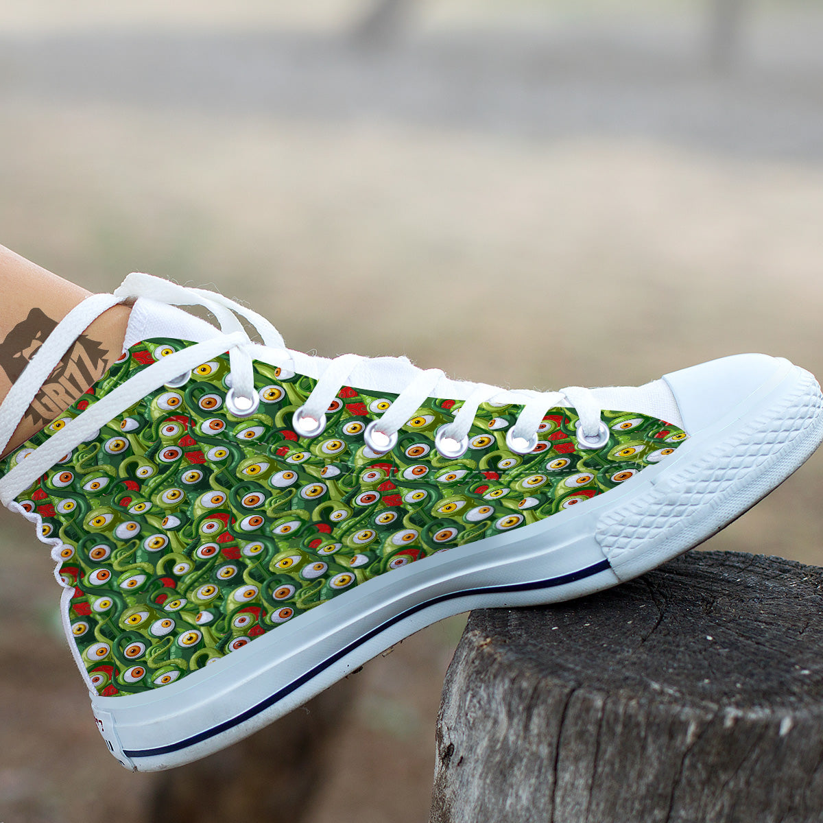 Green Alien Monster Print Pattern White High Top Shoes-grizzshop