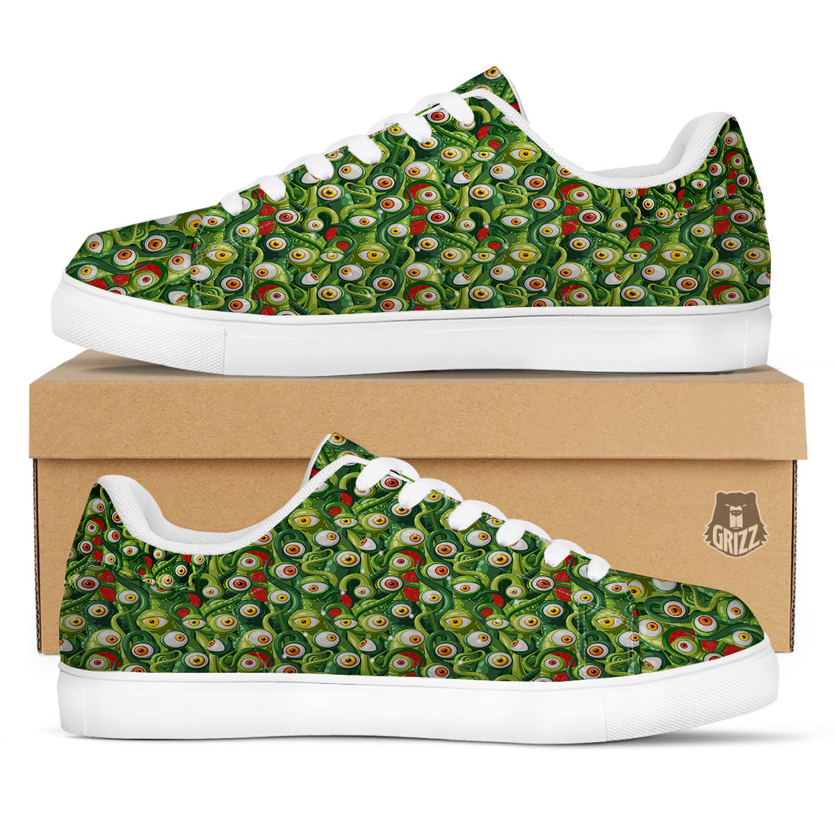 Green Alien Monster Print Pattern White Low Top Sneakers-grizzshop