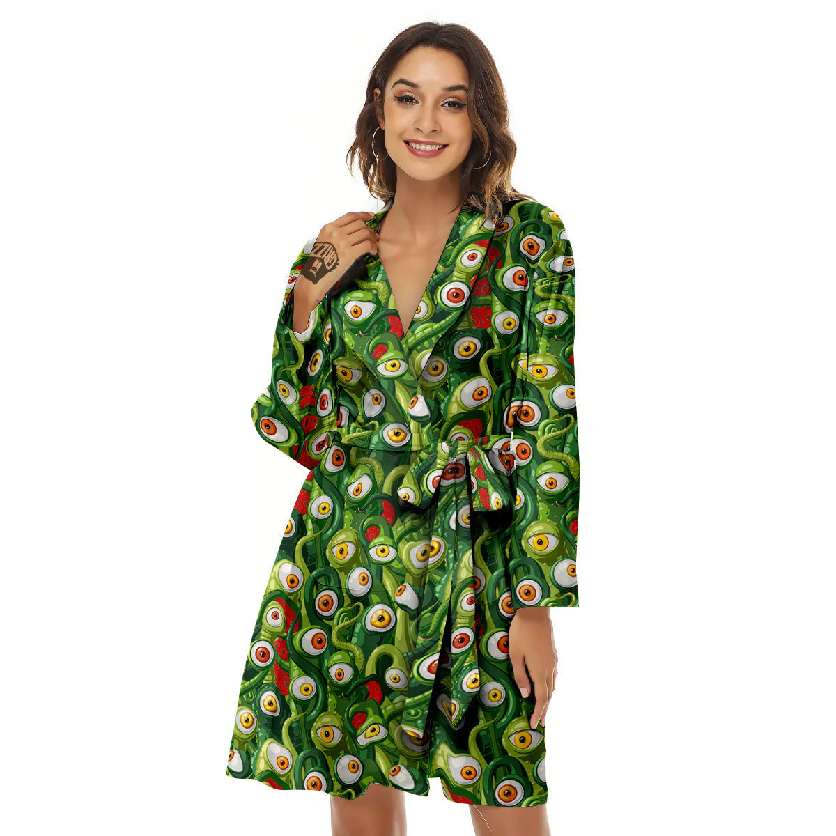 Green Alien Monster Print Pattern Women's Robe-grizzshop