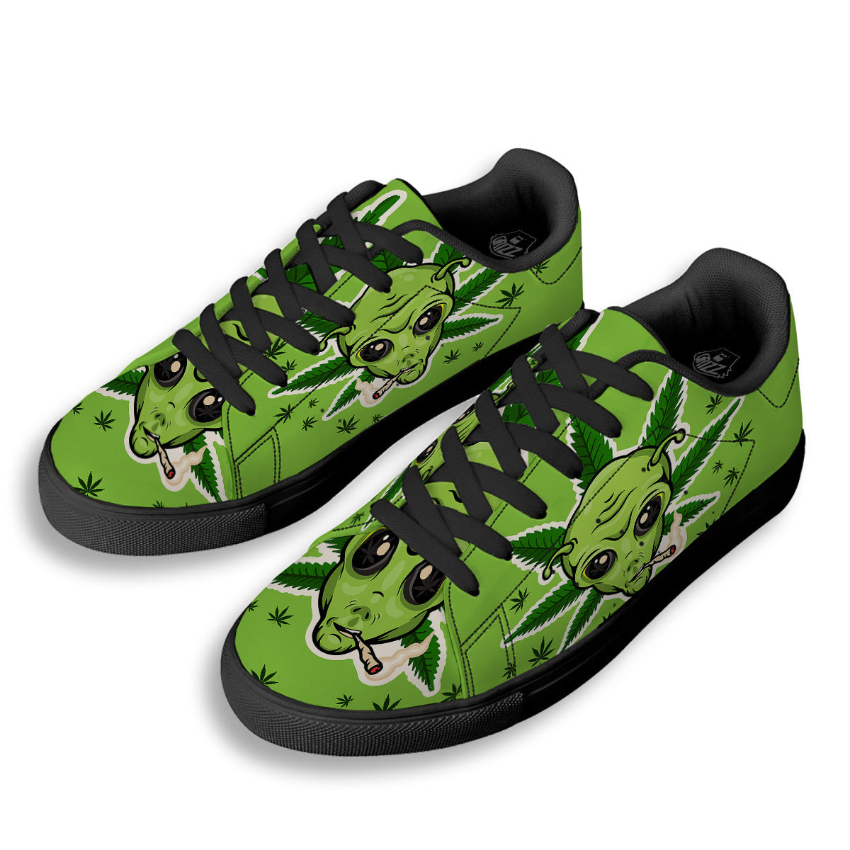 Green Alien Smoking Print Black Low Top Sneakers-grizzshop