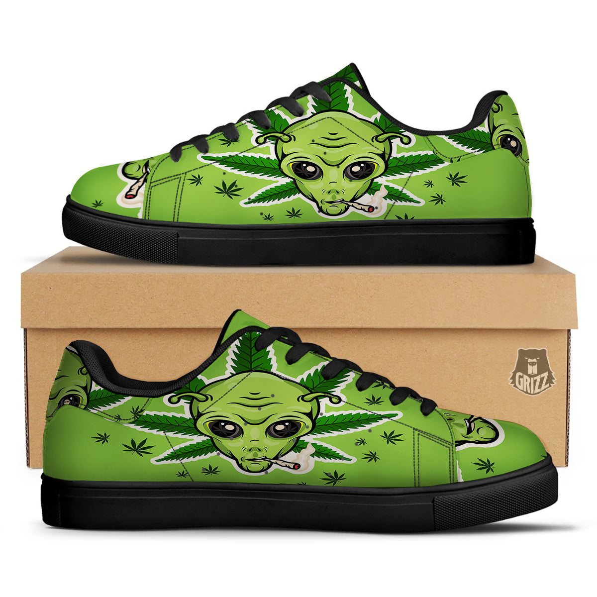 Green Alien Smoking Print Black Low Top Sneakers-grizzshop