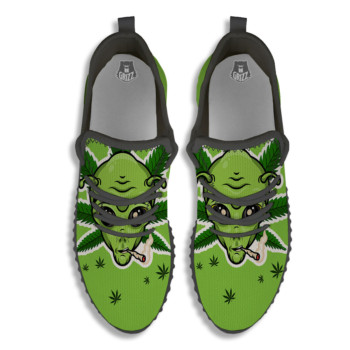 Green Alien Smoking Print Black Walking Shoes-grizzshop