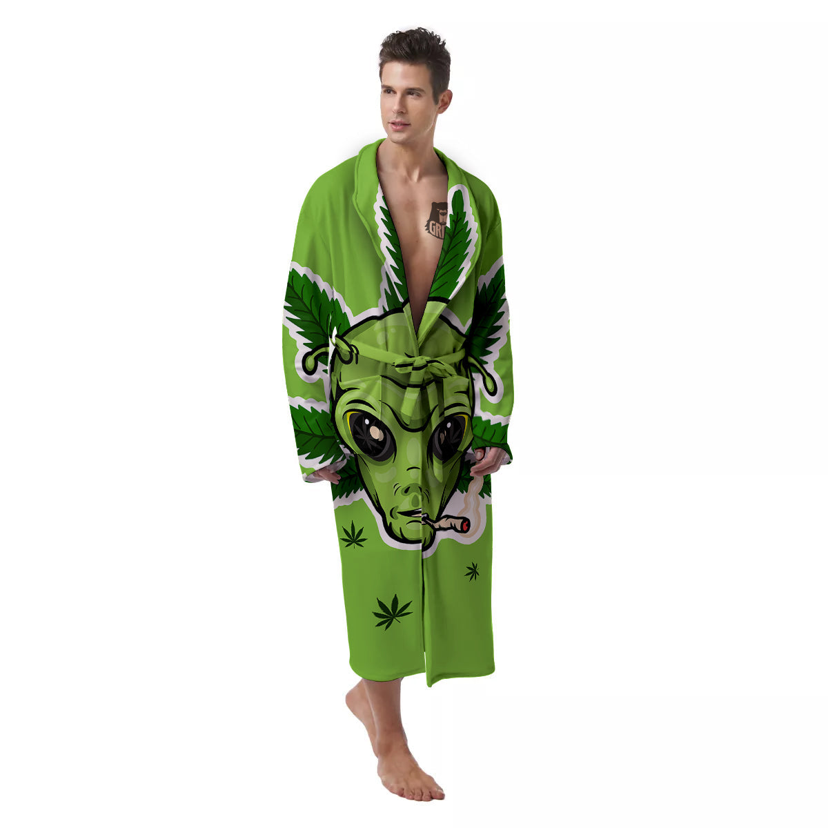 Green Alien Smoking Print Men's Robe-grizzshop
