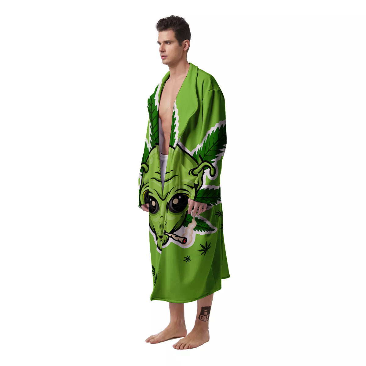 Green Alien Smoking Print Men's Robe-grizzshop