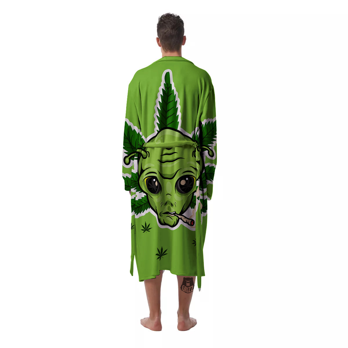 Green Alien Smoking Print Men's Robe-grizzshop