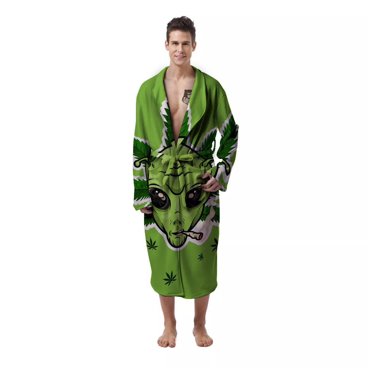 Green Alien Smoking Print Men's Robe-grizzshop