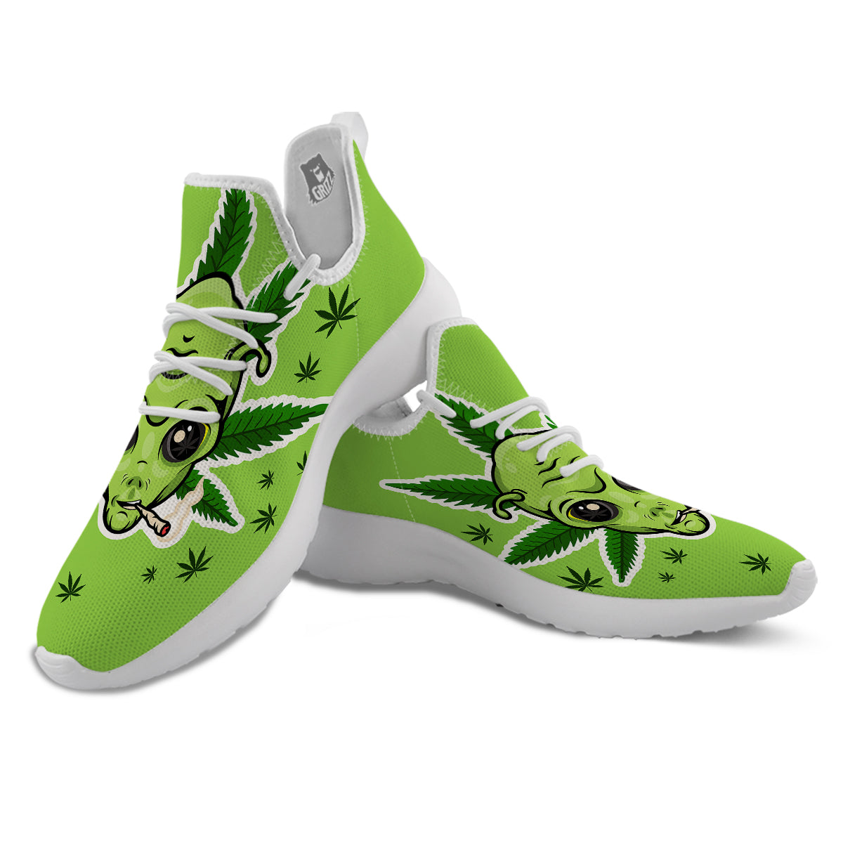 Green Alien Smoking Print White Athletic Shoes-grizzshop