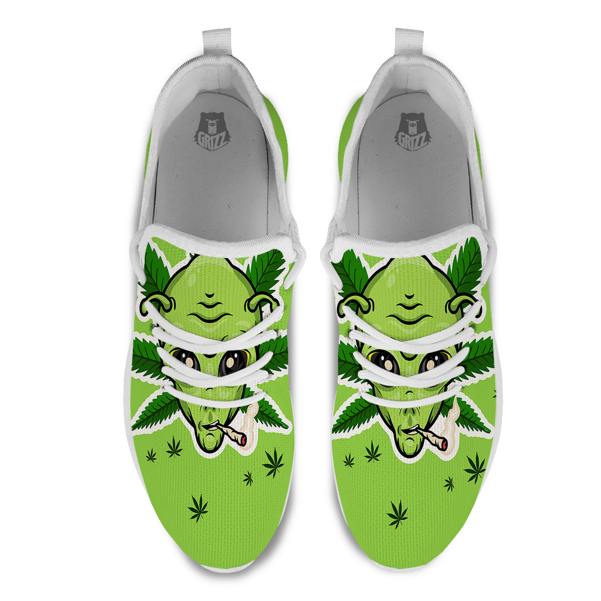 Green Alien Smoking Print White Athletic Shoes-grizzshop