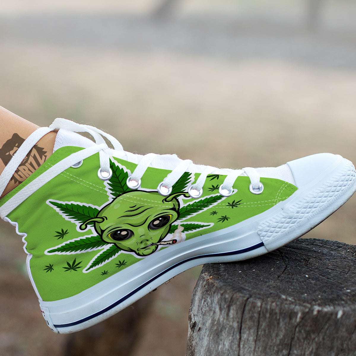Green Alien Smoking Print White High Top Shoes-grizzshop