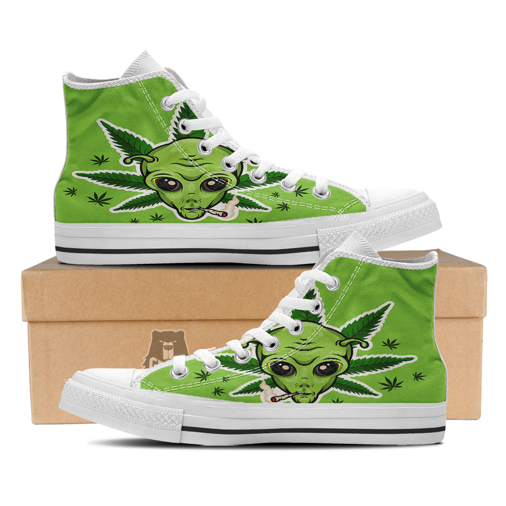 Green Alien Smoking Print White High Top Shoes-grizzshop