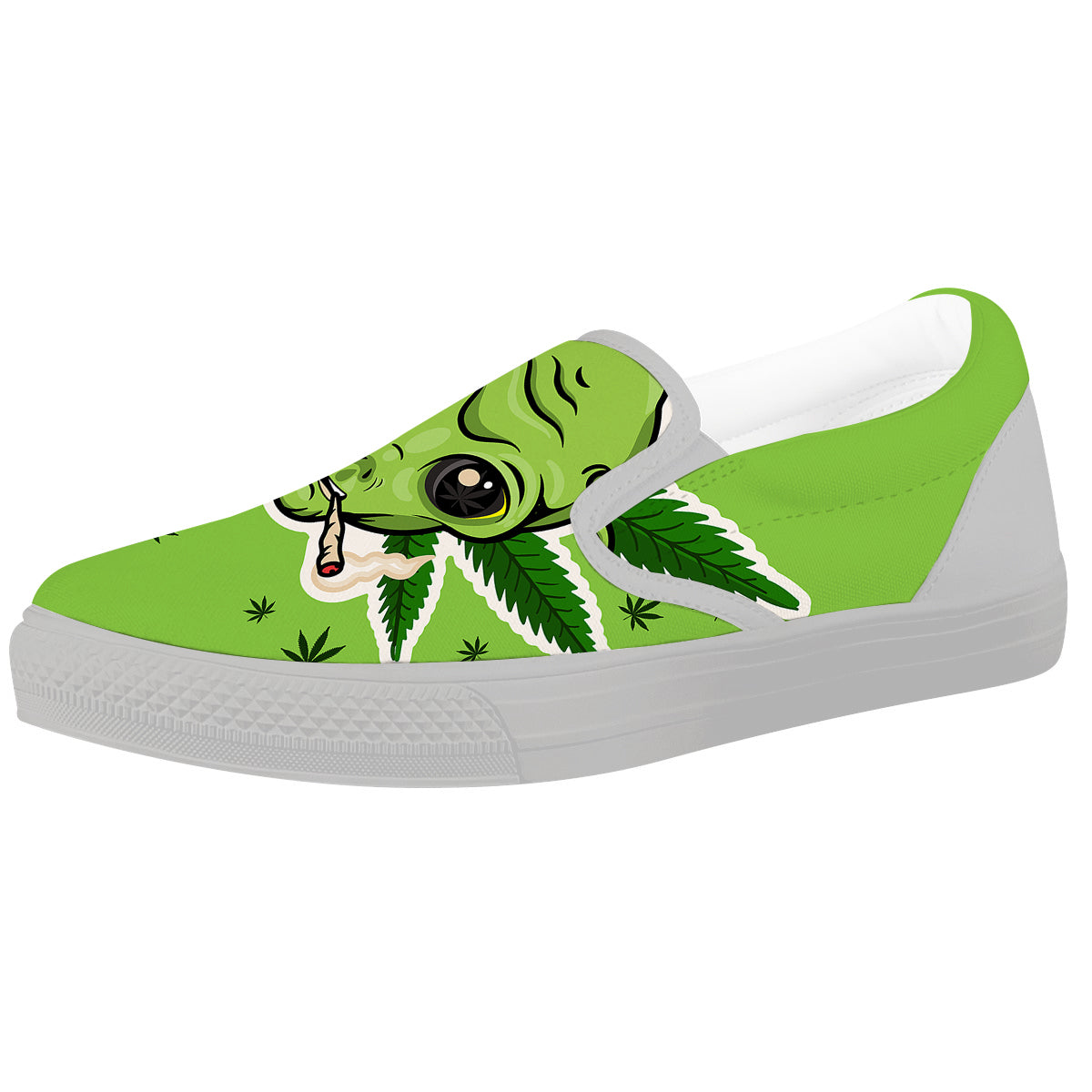 Green Alien Smoking Print White Slip On Shoes-grizzshop