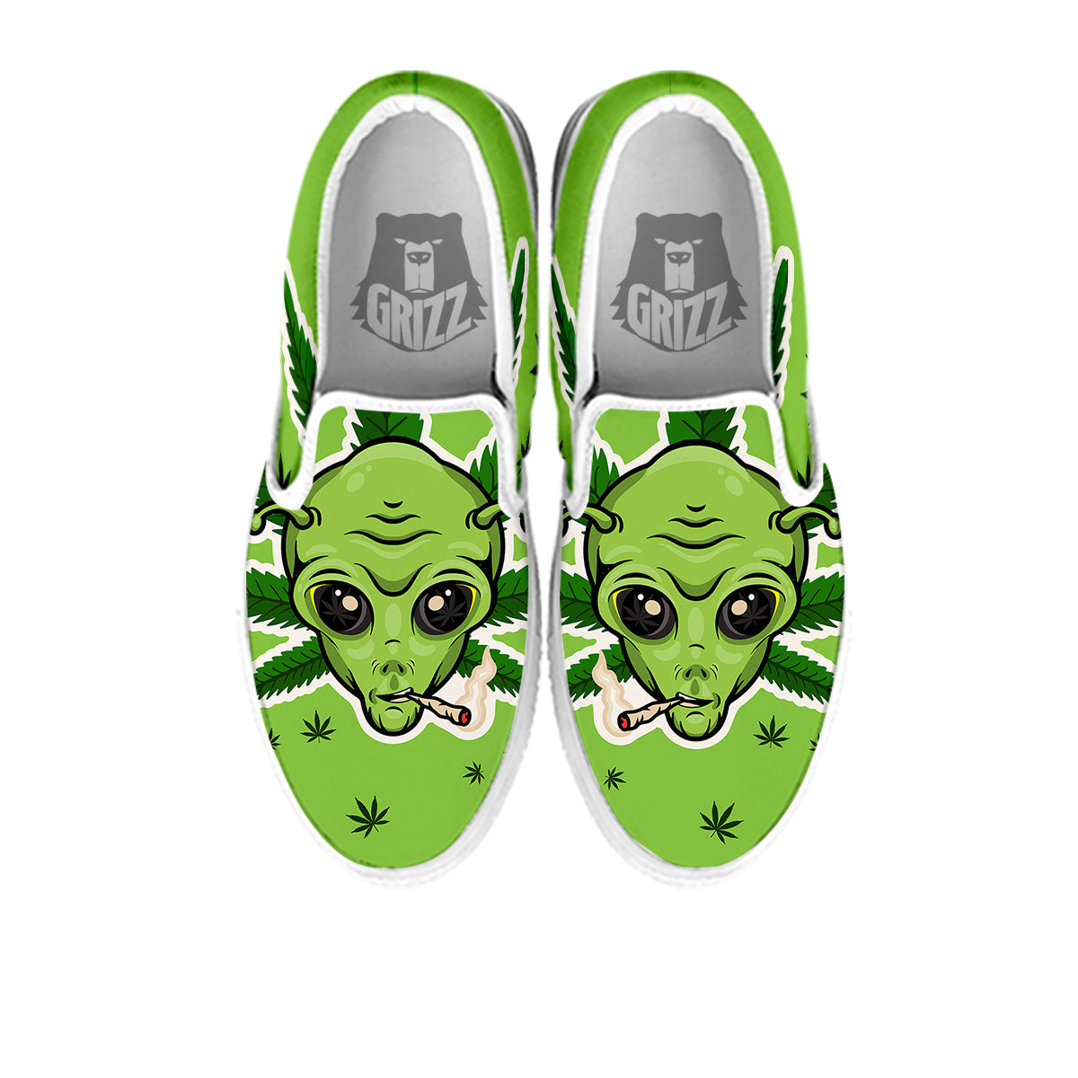 Green Alien Smoking Print White Slip On Shoes-grizzshop
