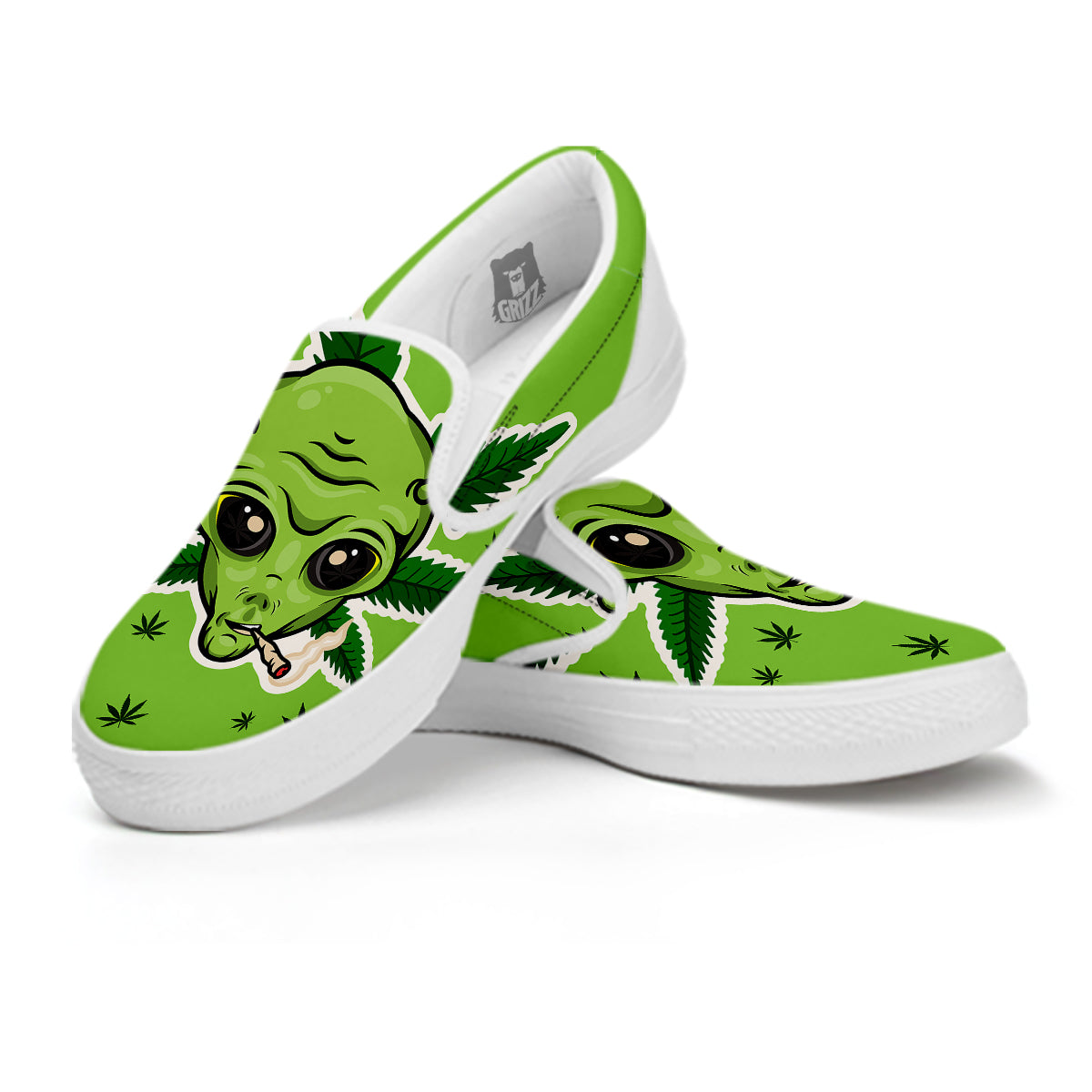 Green Alien Smoking Print White Slip On Shoes-grizzshop