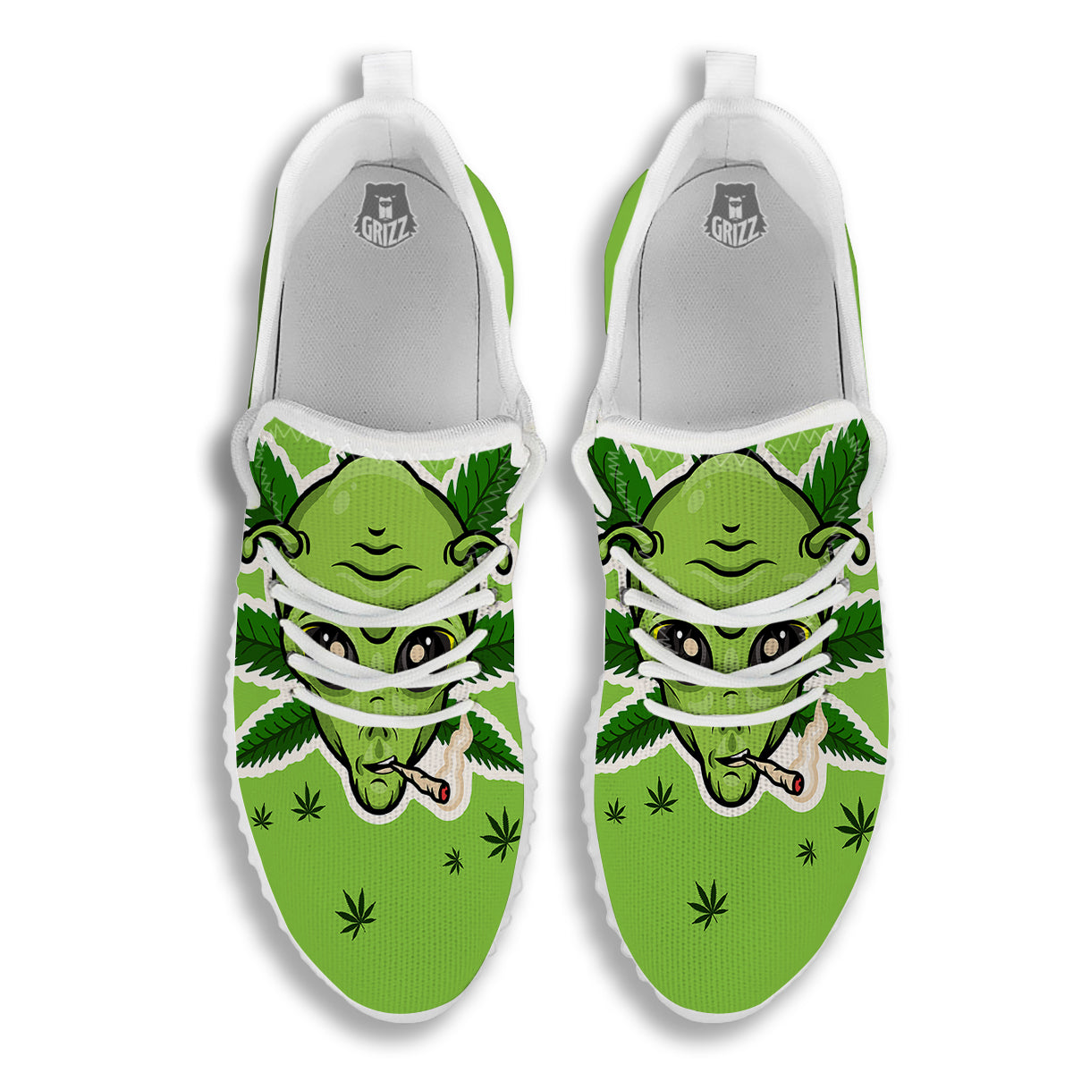 Green Alien Smoking Print White Walking Shoes-grizzshop
