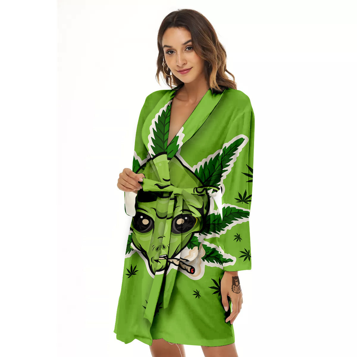 Green Alien Smoking Print Women's Robe-grizzshop