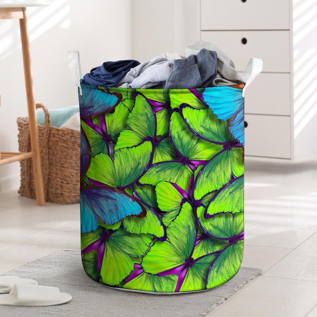 Green And Blue Butterfly Print Laundry Basket-grizzshop
