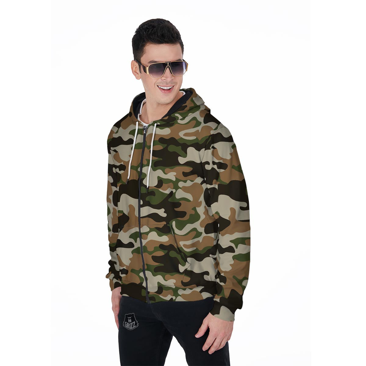 Green And Brown Camouflage Print Men's Zip Up Hoodie-grizzshop