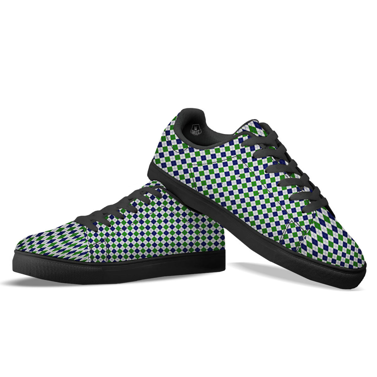 Green And White Navy Argyle Print Black Low Top Sneakers-grizzshop