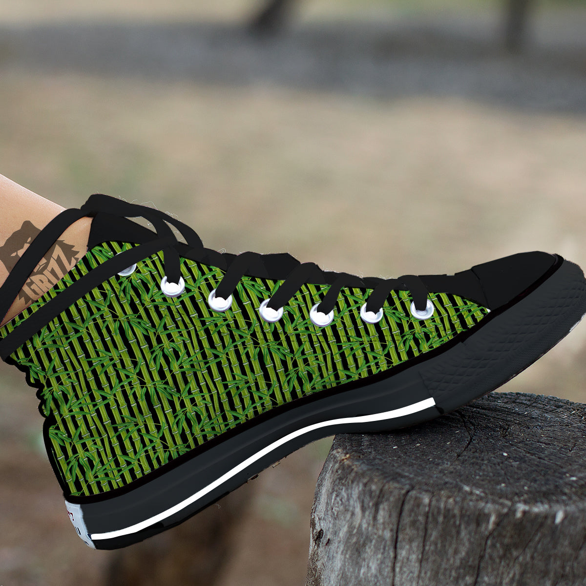 Green Bamboo And Leaves Print Pattern Black High Top Shoes-grizzshop