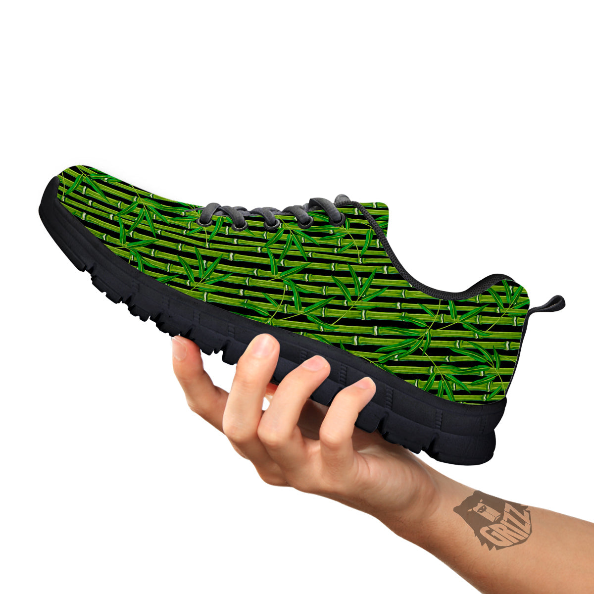 Green Bamboo And Leaves Print Pattern Black Sneaker-grizzshop